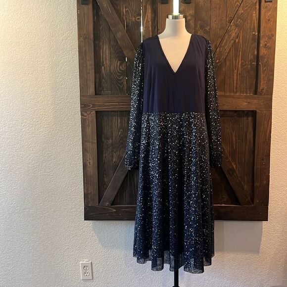 Plus Size Mesh Cocktail Party Dress V Neck Long Sleeve Sheer Formal Midi Dress - Picture 6 of 14